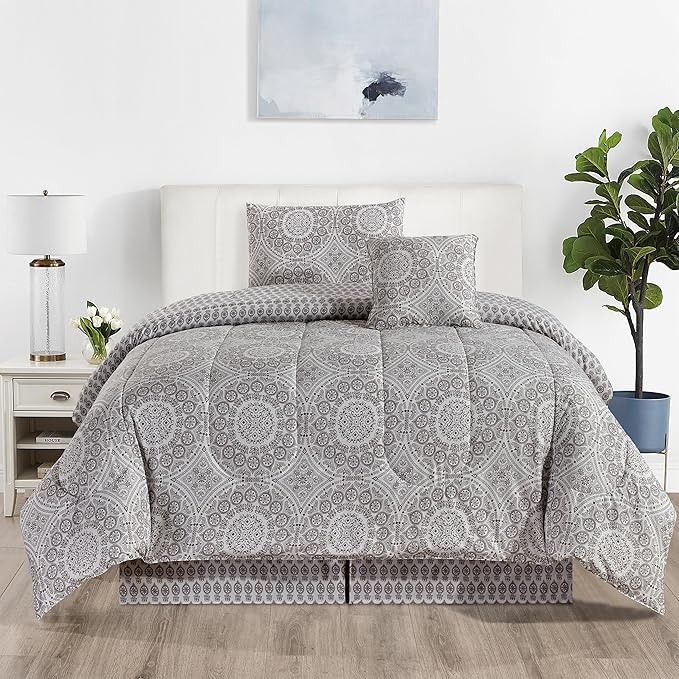 LUX Décor Reversible 4pc Twin Comforter Set, Printed Bedding Set, All-in-One Bed in a Bag, Includes 1 Comforter, 1 Pillow Sham, 1 Decor Pillow & 1 Bed Skirt (Aztec Grey,Twin)