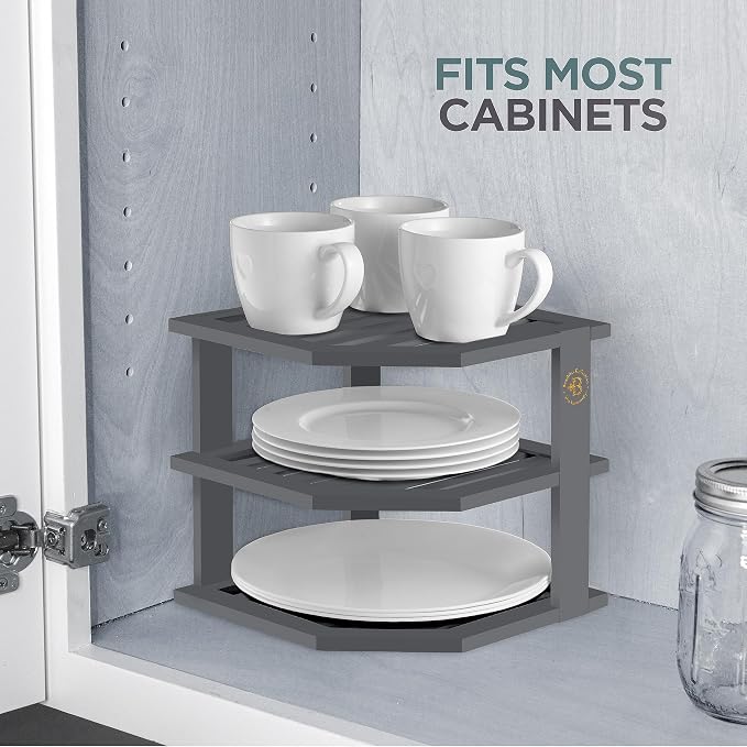 Bambüsi Plate Organizer for Cabinet - Corner Cabinet Organizer and Kitchen Cabinet Organizer Shelf, Kitchen Countertop Organizer for Plates, Dishes and Bowls, Space Saving Corner Rack, Grey - Image 6