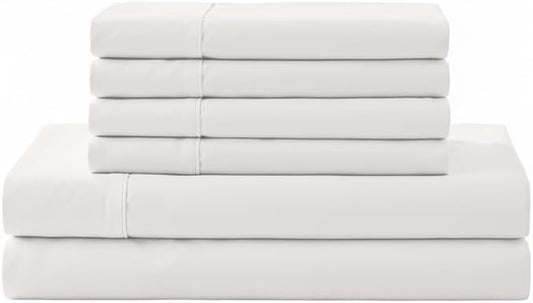 Linen Home 100% Cotton Percale Sheet Set, King Size, Snow White, Deep Pocket, 6 Pieces Set - 1 Flat, 1 Deep Pocket Fitted Sheet and 4 Pillowcases, Crisp Cool and Strong Bed Linen
