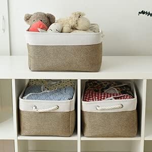 TheWarmHome Storage Basket for Organizing - 16x12x8 inch Large 3 Pack Collapsible Storage Bin for Shelves with Handles, Fabric Storage Cubes for Organizer Cloth Gift Toy Closet (Whiet & Khaki) - Image 2
