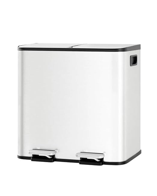 GarveeHome 2 x 4 gal Stainless Steel Double Trash Can with Lid for Kitchen, Large Dual Trash and Recycle Bin Combo, Step-on Kitchen Metal Garbage Cans, PP Inner Buckets, Liner Rim, White by GarveeHome
