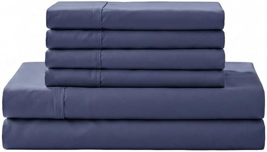 Linen Home 100% Cotton Percale Sheet Set, Full Size, Dark Blue, Deep Pocket, 6 Pieces Set - 1 Flat, 1 Deep Pocket Fitted Sheet and 4 Pillowcases, Crisp Cool and Strong Bed Linen