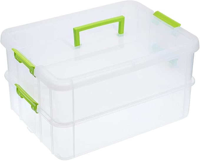 JUXYES 2-Tiers Stack Carry Storage Box With Handle, Transparent Stackable Storage Bin With Handle Lid Latching Storage Container for School & Office Supplies (Green) by JUXYES