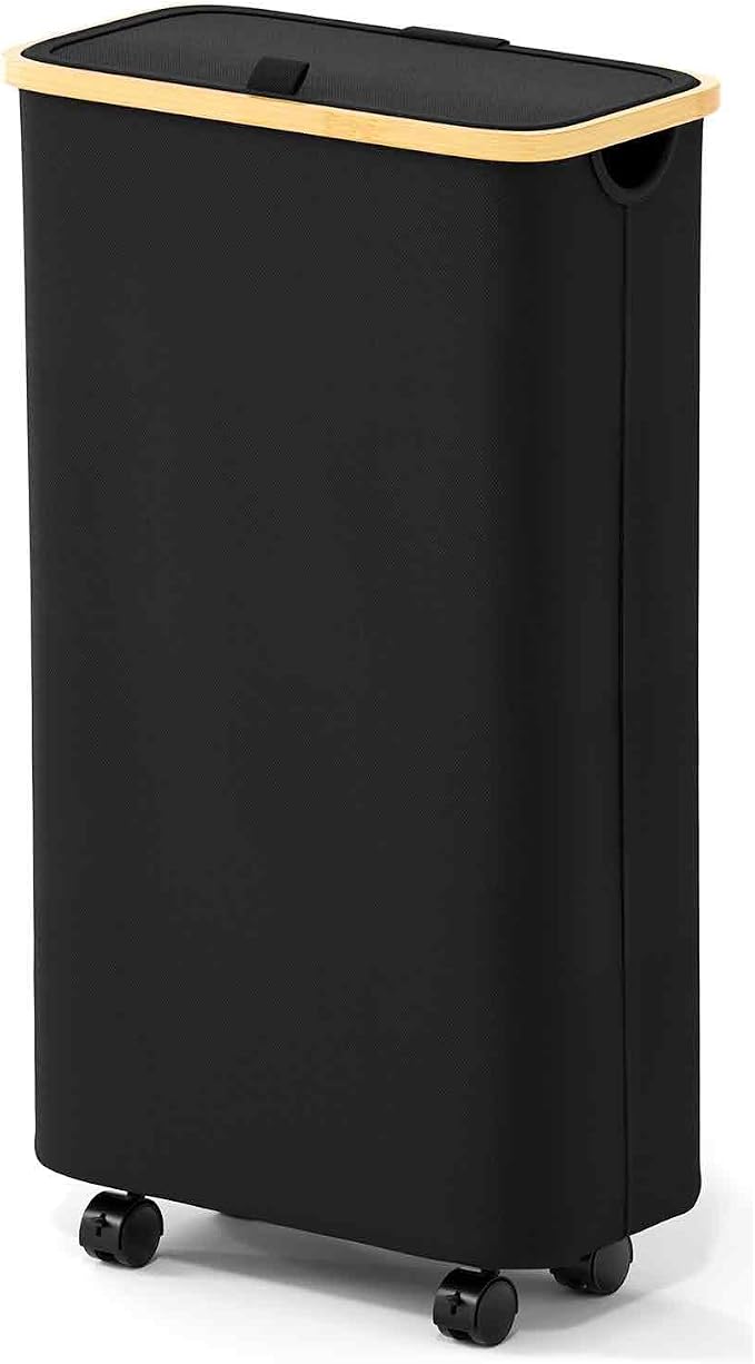 SpaceAid Slim Laundry Hamper with Wheels and Lid,62L Rolling Narrow Clothes Basket with Bamboo Handle, Large Laundry Hamper for Bedroom, Bathroom, Dorm, Laundry Room - Black by SpaceAid
