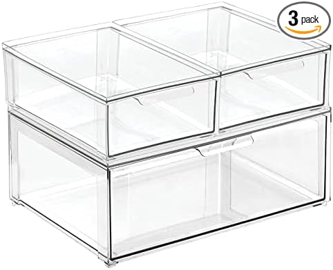 mDesign Plastic Stackable Closet Storage Organizer Bin Containers with Front Pull Drawer for Cabinet, Desk, Shelf, Cupboard, or Dresser Organization - Lumiere Collection - Set of 3 - Clear by mDesign