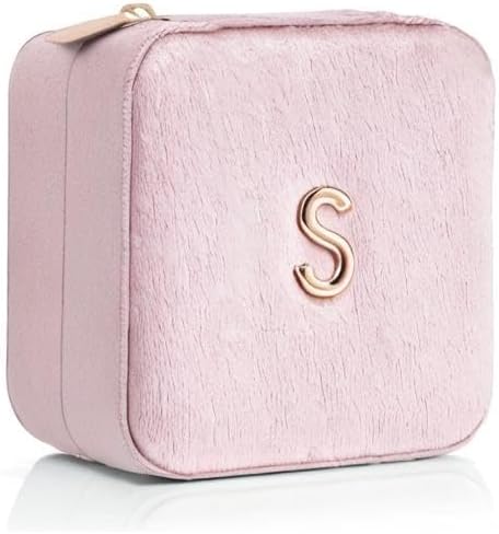 Vlando Small Travel Jewelry Box Organizer Display Case for Rings Earrings Necklaces Storage, Selected Soft Velvet, Letter S Engraved, Pink - Image 7