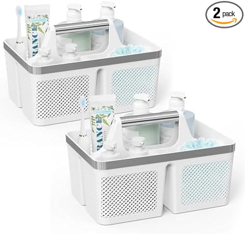 BYUNER 2Pack Shower Caddy Dorm: Portable Bathroom Caddy Organizer with Handle and Holes, Plastic Cleaning Caddy, Hard Shower Basket Storage Tote for Toiletry, College Dorm Room Essentials White/Silver by MakesYourHomeMoreOrganized