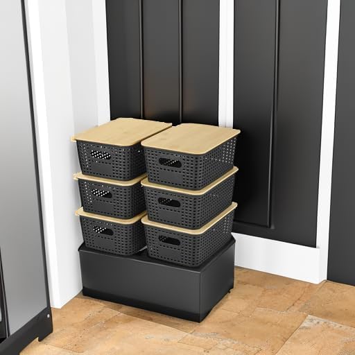 Ohmlove Plastic Storage Baskets With Bamboo Lid - Plastic Storage Containers Stackable Storage bins: Storage Baskets for Organizing Shelves Drawers Desktop Closet Playroom Classroom Office, 6 Pack - Image 5