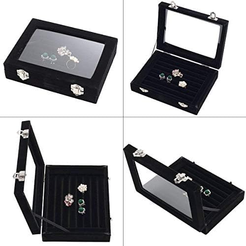 Jewelry Box Rings Organizer Tray 7 Slots Velvet Jewelry Earring Storage Box With Transparent Lid Jewelry Display Case for Girls Women (Black) - Image 4