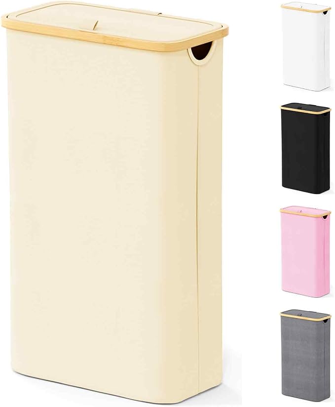 SpaceAid Slim Laundry Hamper with Lid, 65L Narrow Clothes Basket Bin with Bamboo Handles, Skinny Tall Collapsible Hamper for Bedroom, Bathroom, Dorm, Laundry Room - Beige by SpaceAid