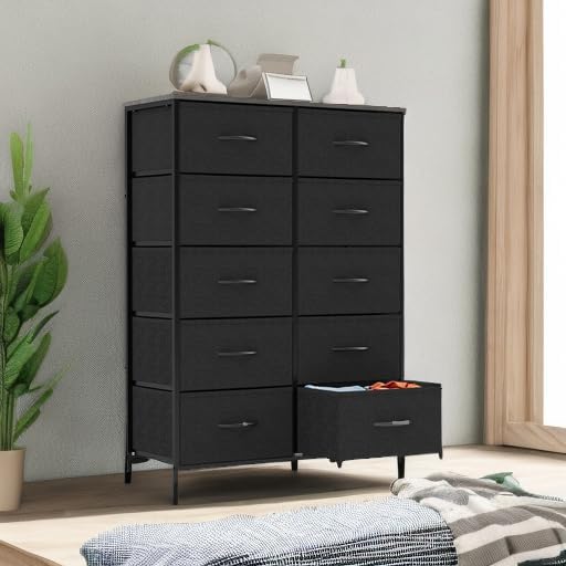 Sweetcrispy Tall Dresser for Bedroom, Drawer Dresser Organizer Storage Drawers with 10 Drawers, Chest of Drawers with Fabric Bin, Steel Frame, Wood Top for Bedroom, Closet, Entryway