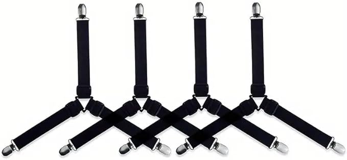 Bed Sheet Fasteners – Adjustable Elastic Mattress Suspenders & Corner Straps, Bed Sheet Gripper Clips for Fitted Sheets, Mattress Covers & Pads, Triangle Black Set of 4