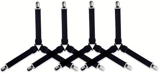 Bed Sheet Fasteners – Adjustable Elastic Mattress Suspenders & Corner Straps, Bed Sheet Gripper Clips for Fitted Sheets, Mattress Covers & Pads, Triangle Black Set of 4