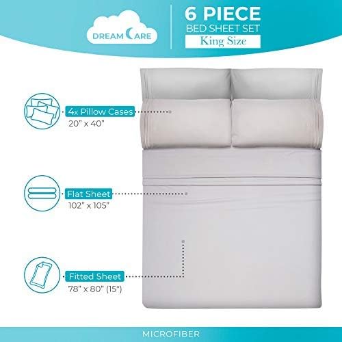 DREAMCARE King Size Sheets Set - 6 pcs Breathable Cooling Bed Sheets - up to 15" Deep Pocket King Sheet Set with Side Pockets - Extra Soft 100% Brushed Hypoallergenic Hotel Luxury Bedding - L Gray
