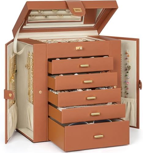 AKOZLIN 6-Tier Jewelry Box Organizer Functional 5 Drawers Leather Jewelry Storage Case for Women Girls Ring Necklace Earring Bracelet Holder Organizer with Mirror Dark Orange by AKOZLIN