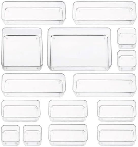 primebox Fifteen Pieces. Plastic Clear Drawer Organizers. Bathroom, Kitchen, Bedroom, Utensils, Office Organizer Bins, Storage Trays. Heavy Duty, Stackable 5 Sizes. by primebox