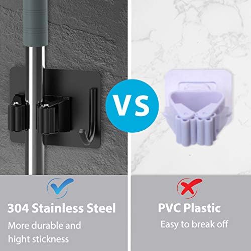 homeasy Mop Broom Holder No Drill, Mop Broom Organizer Wall Mounted Heavy Duty with Hooks Hanger, Self Adhesive Stainless Steel 6Pcs for Bathroom, Kitchen, Office (Black) - Image 2