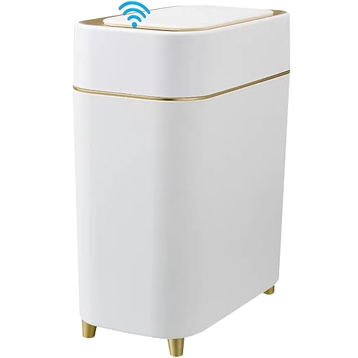 Yatmung Motion Sensor Trash Can Bathroom Automatic Touchless Lid - Sensor Garbage Can - Bathroom, Bedroom, Kitchen, Laundry Room, Small Spaces - Compact Smart Trash Bin - White with Gold Edge, 1Pack by Yatmung