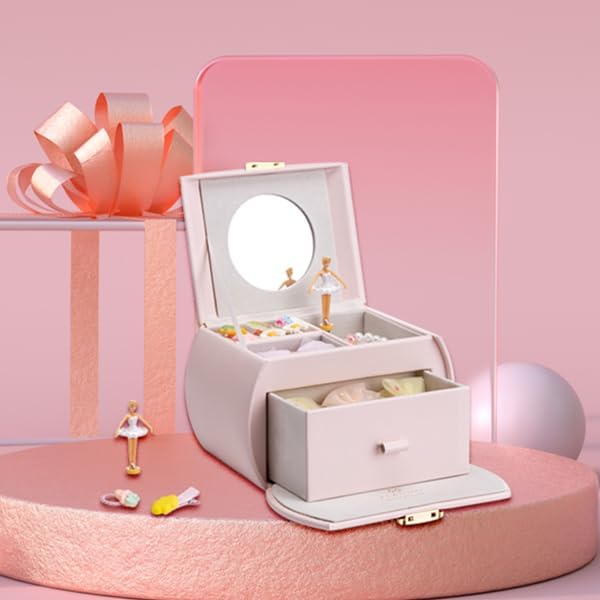 Vlando Musical Jewelry Box with Spinning Ballerina, Lockable Girls’ Jewelry Organizer for Necklaces Rings and Hair Accessories, Gift for Girls and Kids, Barely Pink - Image 4