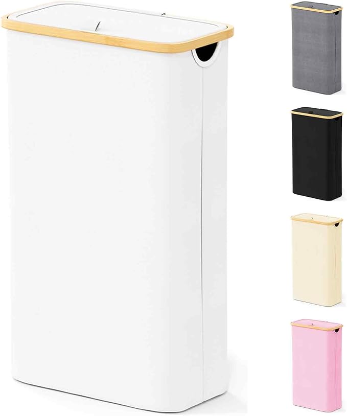 SpaceAid Slim Laundry Hamper with Lid, 65L Narrow Clothes Basket Bin with Bamboo Handles, Skinny Tall Collapsible Hamper for Bedroom, Bathroom, Dorm, Laundry Room - White by SpaceAid