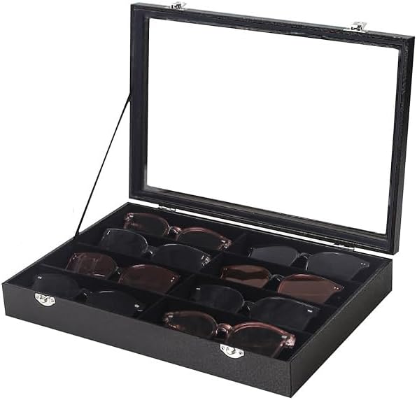 Coward Sunglass Organizer Tray Box, Black Velvet Grids Eyeglasses Display Tray Case with Transparent Glass Lid for Home Use or Store Shop Selling Show by FocusOnJewelryDisplay15yrs