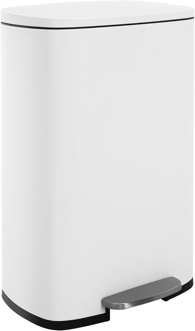 FDW | 13 Gallon Trash Can with Lid | White | Fingerprint-Proof | Made of Brushed Stainless Steel | Soft-Close Step Pedal | Hands-Free Use | Easy to Clean | for Kitchen, Office, Bathroom by FDW