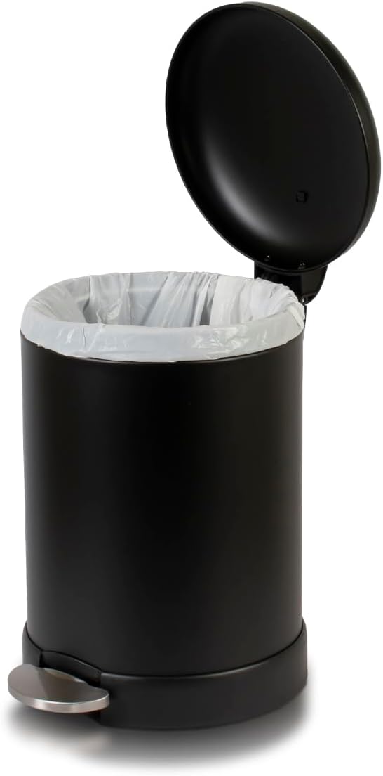 Glad Small Trash Can, 1.2 Gallon | Round Stainless Steel Garbage Bin with Soft Close Lid & Step Foot Pedal | Black Metal Waste Basket with Removable Inner Bucket, Matte Black - Image 4