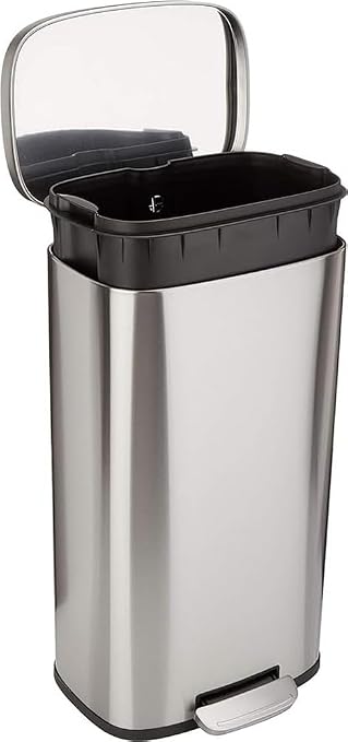 Amazon Basics Smudge Resistant Rectangular Trash Can with Soft-Close Lid, Foot Pedal, Removable Inner Bucket, 30 Liter/7.9 Gallon, Brushed Stainless Steel, Satin Nickel Finish, 13.8"L x 11.8"W x 25"H by AmazonBasics