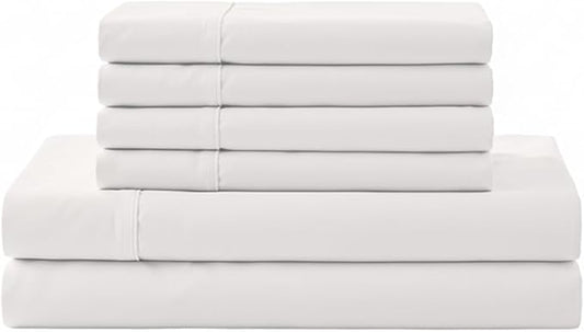 Linen Home 100% Cotton Percale Sheet Set, Full Size, White, Deep Pocket, 6 Pieces Set - 1 Flat, 1 Deep Pocket Fitted Sheet and 4 Pillowcases, Crisp Cool and Strong Bed Linen