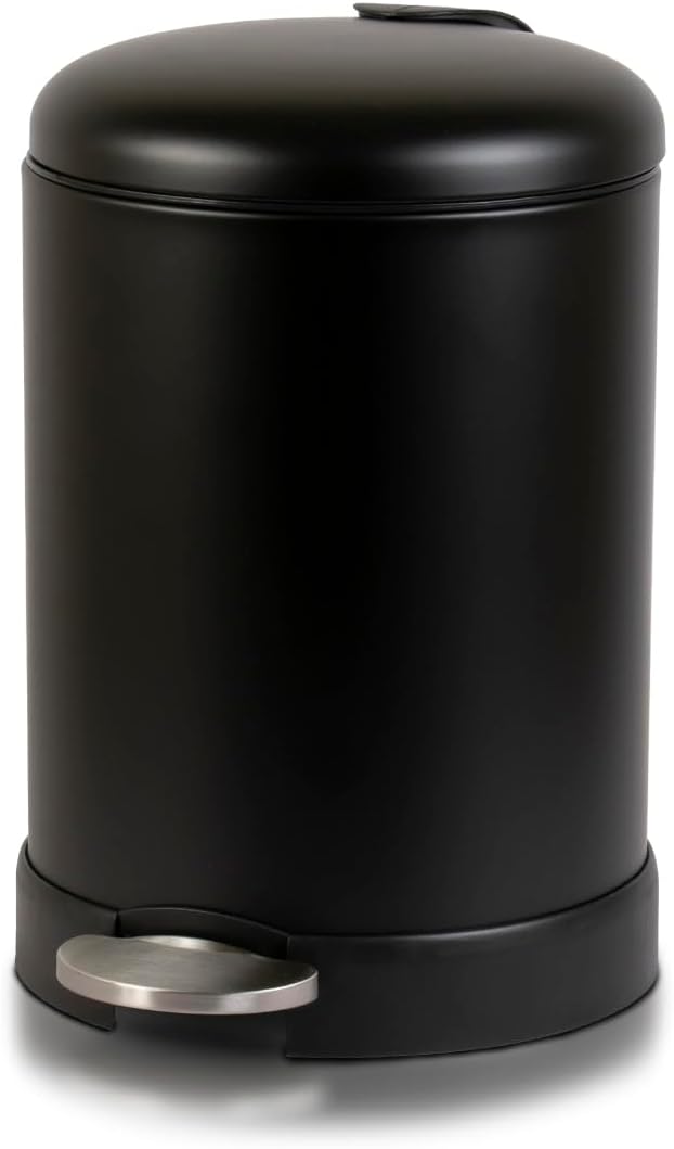 Glad Small Trash Can, 1.2 Gallon | Round Stainless Steel Garbage Bin with Soft Close Lid & Step Foot Pedal | Black Metal Waste Basket with Removable Inner Bucket, Matte Black by GladTrashFoodStorage