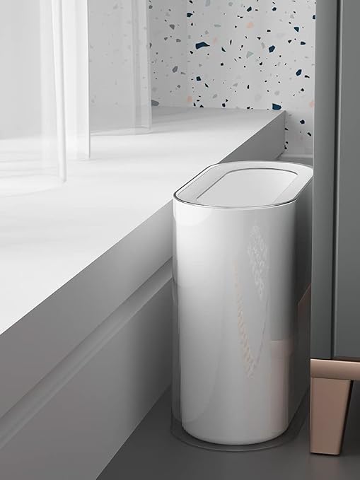 IEEK Small Waste Basket Slim Trash Can 3.2 Gallon/12L Clear and White Garbage Can Rectangle Plastic Wastebaskets Container Bin for Narrow Spaces Office,Bathroom, Bedroom,Kitchen,Living Room,Study - Image 2