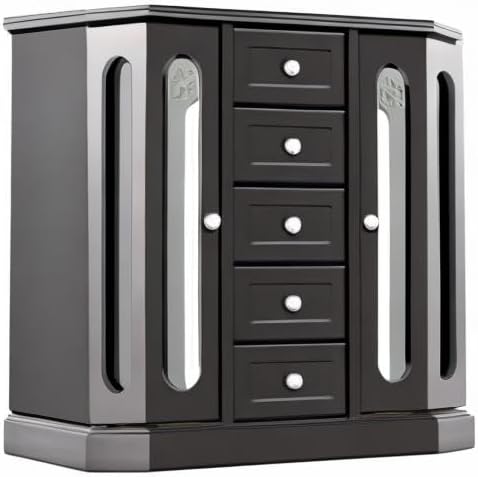 RR ROUND RICH DESIGN Jewelry Box - Made of Solid Wood with Cabinet Type 5 Drawers Organizer and 2 Separated Open Doors on 2 Sides and Large Mirror Black - Image 8