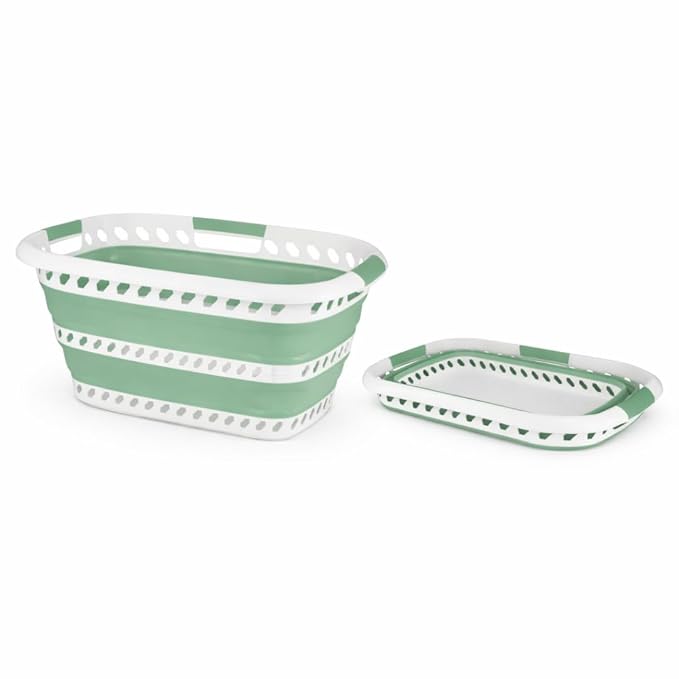 Laundry 360 Collapsible Laundry Basket | Portable | Space Saver Storage | Hold 2 Loads | Store Under the Bed or Closet | Good for Kids | Dorm | Bedroom | Large | White/Sage by Simplify