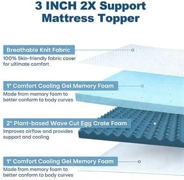3 Inch Memory Foam Mattress Topper King Size, 2 Inch Cooling Egg Crate Gel Memory Foam Plus 1 Inch High Density Gel Bed Topper