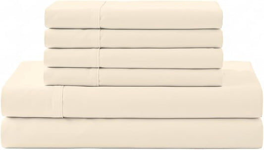 Linen Home 100% Cotton Percale Sheet Set, King Size, Ivory, Deep Pocket, 6 Pieces Set - 1 Flat, 1 Deep Pocket Fitted Sheet and 4 Pillowcases, Crisp Cool and Strong Bed Linen