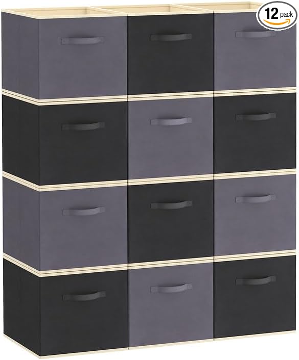Lifewit Storage Cubes, Foldable Decorative Fabric Storage Baskets for Organizing Home Organizers with Handles for Shelves, Closet, 11 Inch Bins, 18L Gray&Black, 12 Packs by Lifewit