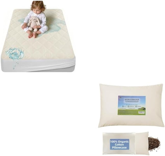 Lofe Organic Cotton Crib Mattress Protector + Organic Buckwheat Pillow