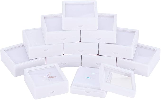 BENECREAT 12PCS Gemstone Display Box - 2" x 0.8" White Jewelry Box with Clear Lid for Gems, Rings, Earrings, Craft Storage by BENECREAT