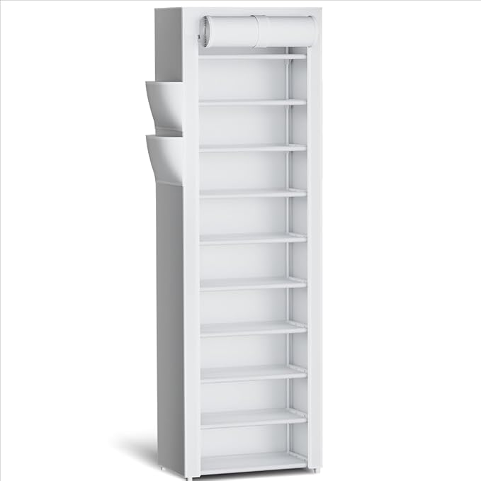 Kitsure Shoe Rack - 10-Tier Large Capacity Shoe Organizer Shelf with Dust Cover & Side Pockets, Rust-Proof Metal Shoe Rack for Closet, Entrance, Living Room, 17.5" x 12.4" x 69.3", White by Kitsure