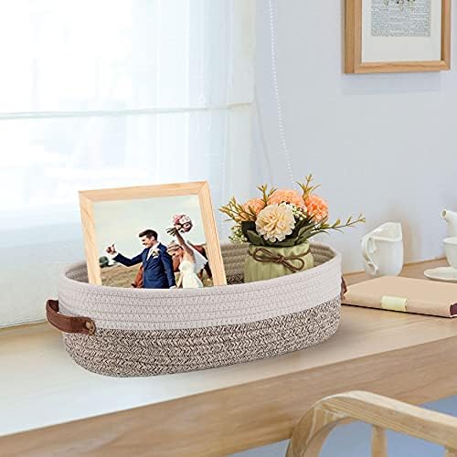 2 Pack Woven Storage Basket for Toilet Tank Top,Farmhouse Home Decor Organizing Basket for Bathroom,Table and Counter 13"x5.9"x4" Apricot Stitching White - Image 4