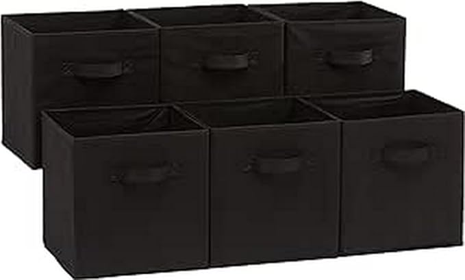 Amazon Basics Collapsible Fabric Storage Bins Organizer with Handles, Sturdy, Foldable, 10.5" x 10.5" x 11", Black, 6-Pack by AmazonBasics
