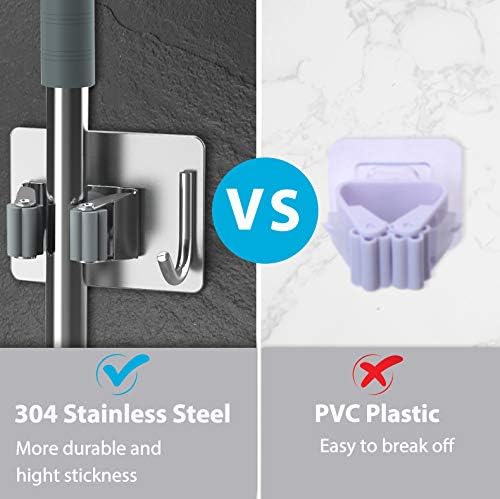 homeasy Mop Broom Holder No Drill, Mop Broom Organizer Wall Mounted Heavy Duty with Hooks Hanger, Self Adhesive Stainless Steel 4Pcs for Bathroom, Kitchen, Office (Silver) - Image 2