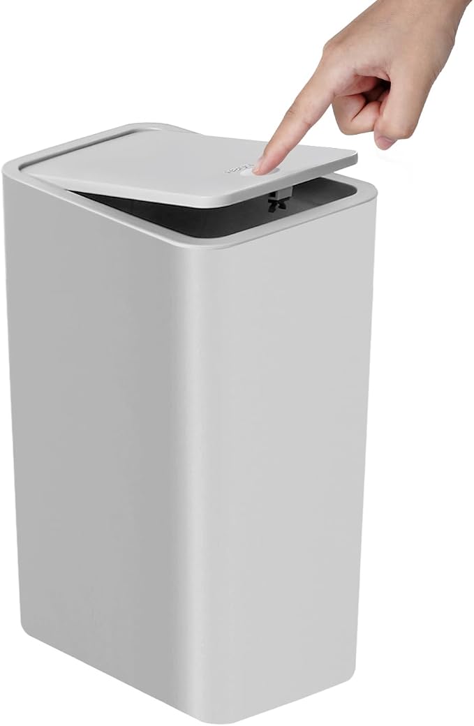 TIPGO Bathroom Trash Can with Lid, 10 Liter/ 2.6 Gallon Slim Garbage Can, Small Trash Bin Waste Basket with Pop-Up Lid for Kitchen, Bedroom, Living Room, Office (Grey) by TIPGO