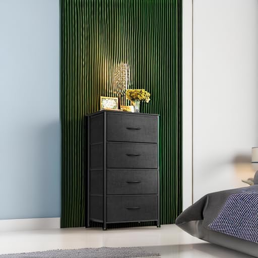 ODK Dresser for Bedroom with 4 Storage Drawers, Small Dresser Chest of Fabric Drawers with Sturdy Steel Frame for Small Space, Wood Top, Black
