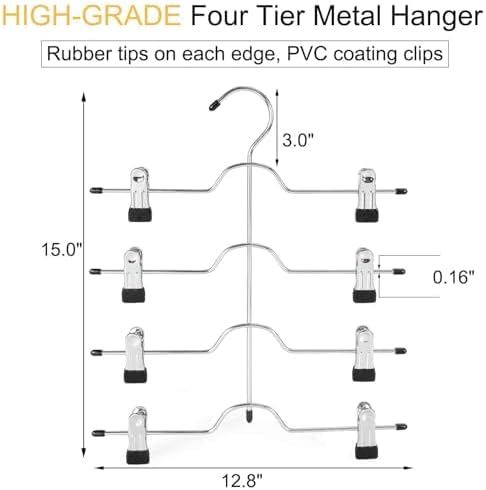 TOPIA HANGER 4 Tier Metal Skirt Hangers for Women, Pants Hanger Space Saving with Adjustable Clips, Gain 70% More Space, Non Slip Grip for Slacks, Trousers, Shorts, Jeans, Towels, Black, 2-Pack, CT20B - Image 5