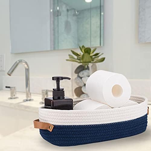 Toilet Basket,Woven Storage Basket for Toilet Tank Top Farmhouse Home Decor Organizing Baskets 13"x5.9"x4" Navy Stitching White - Image 2