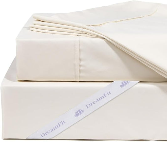 DreamFit DreamCool 100% Pima Cotton Sheets with Elastic Corner Straps 20 Inch Extra Deep Pocket Crafted in USA Bedding Guaranteed to Stay On Luxury Sheets California King Sheets Set Ivory