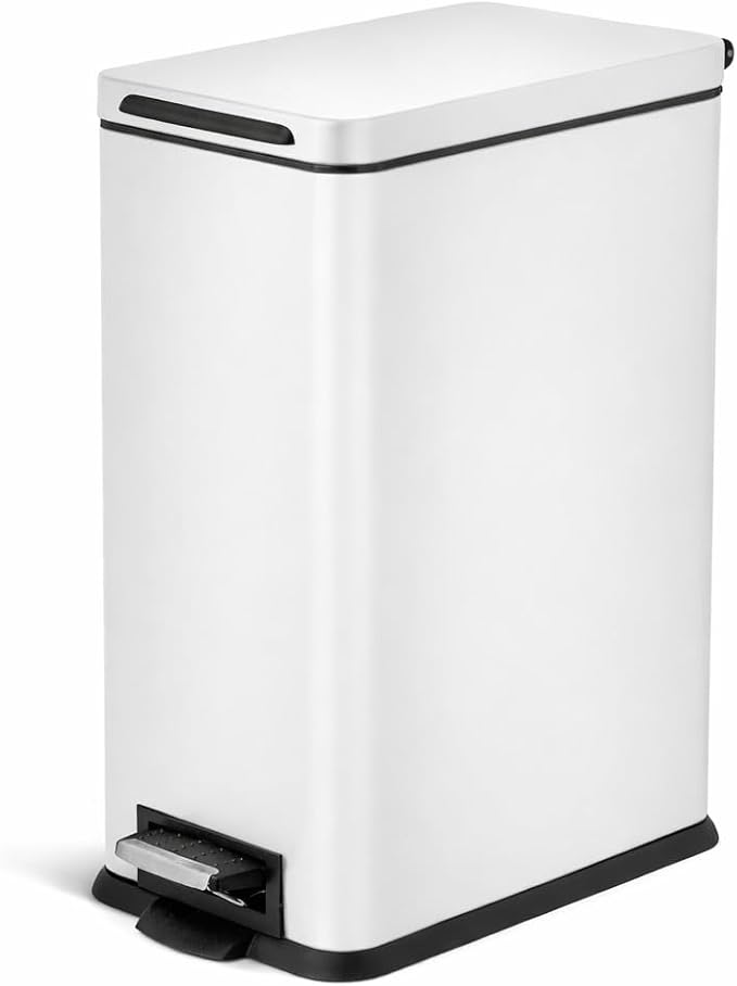 Home Zone Living 8 Gallon Slim Kitchen Trash Can with Soft Close Lid, Step Pedal, Bag Tuck Band, and Removable Liner, Stainless Steel, Matte White, 30 Liters by HomeZoneLiving