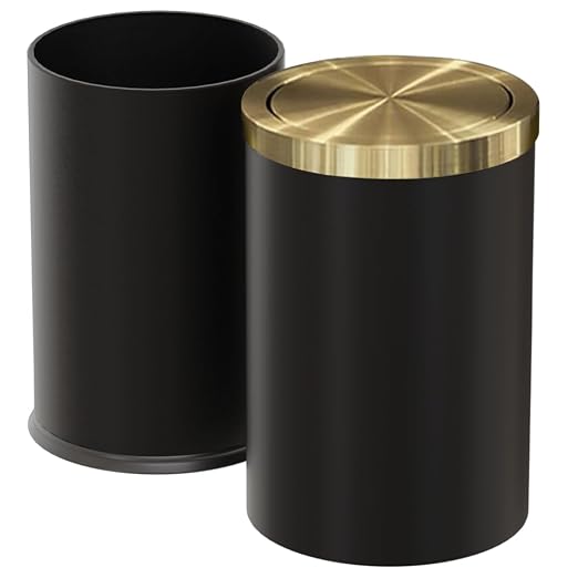 Brushed Brass Garbage can,Bathroom Trash can with lid，Modern Small Trash Can with Flipping Lid, 9 L,Garbage cans for Bathroom, Kitchen,Bedroom, Metallic Gold (Black（Double）) by LEASYLIFE