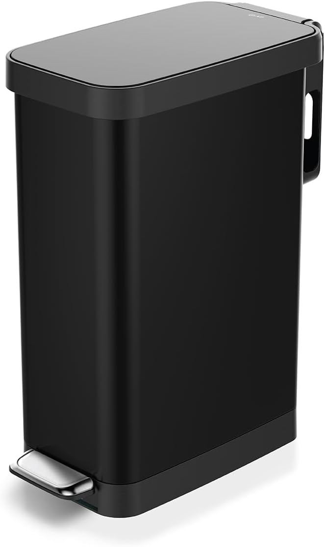 Glad Slim Trash Can with Clorox Odor Protection - Narrow Kitchen Garbage Bin with Soft Close Lid, Step On Foot Pedal and Waste Bag Roll Holder, Black, 12 Gallon/45 Liter by GladTrashFoodStorage